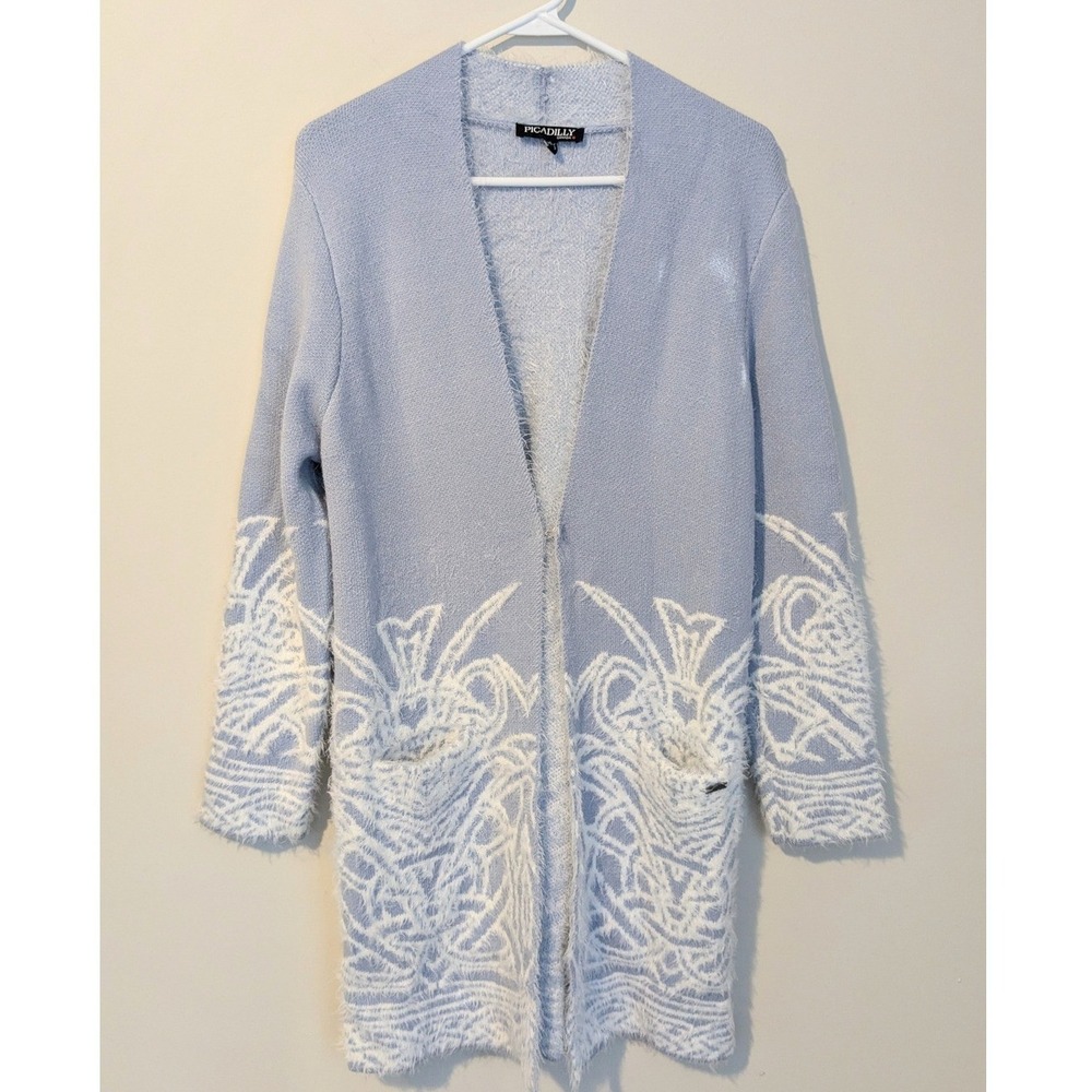 Picadilly Canada‎ Sweater Cardigan Women's XS/S Blue White Fuzzy Knit Boho NWOT
